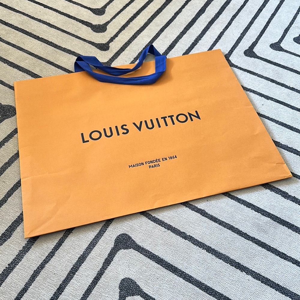 Louis Vuitton gold shopping bag with blue handles - large